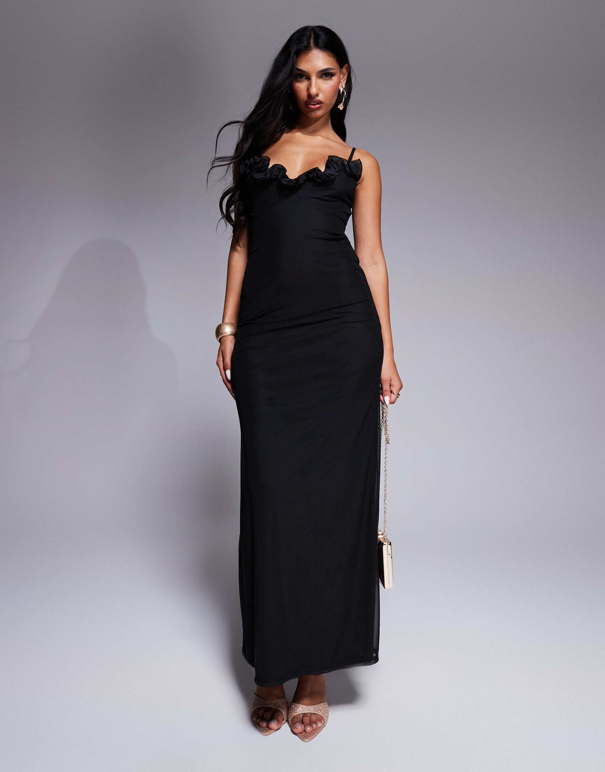 asos design waterfall corsage trim detail mesh midi dress in black