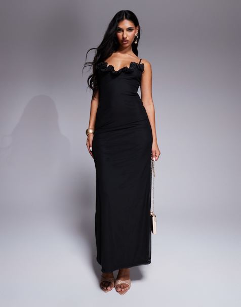 ASOS DESIGN waterfall corsage trim detail mesh midi dress in black