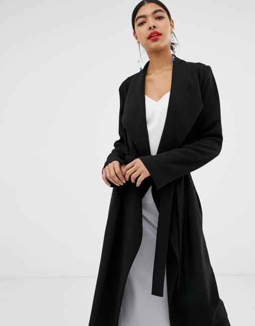 Asos design waterfall collar coat with tie clearance belt