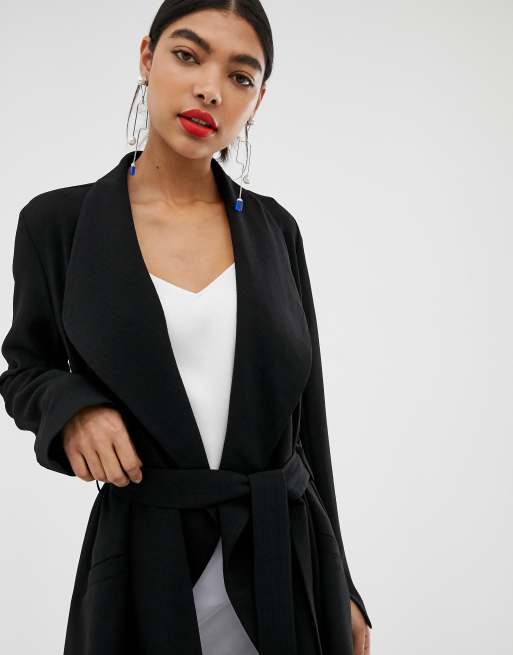 Asos design waterfall collar hot sale coat with tie belt