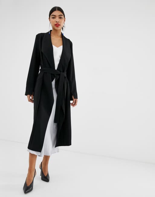 Asos design waterfall collar coat with tie on sale belt