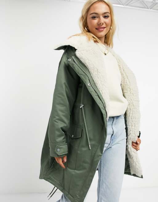 ASOS DESIGN waterfall parka with borg lining in khaki ASOS