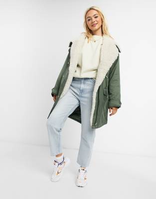 Asos Design Waterfall Parka With Fleece Lining In Khaki-grey