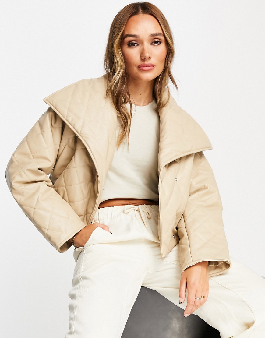 ASOS DESIGN waterfall quilted faux leather jacket in camel-Brown