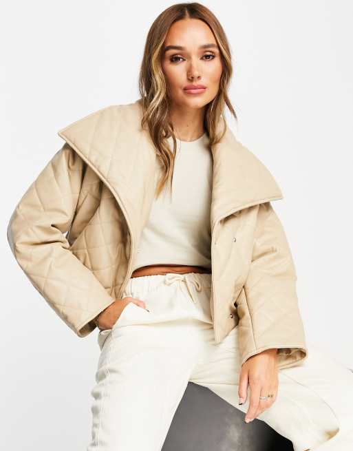 ASOS DESIGN waterfall quilted faux leather jacket in camel ASOS