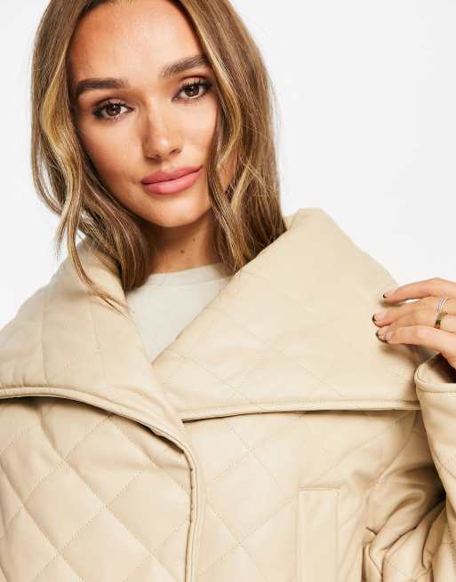 ASOS DESIGN waterfall quilted faux leather jacket in camel