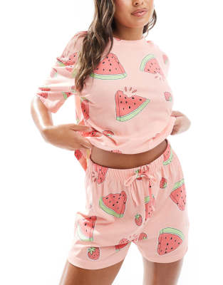 Asos Design Watermelon Oversized Tee & Short Pyjama Set In Pink