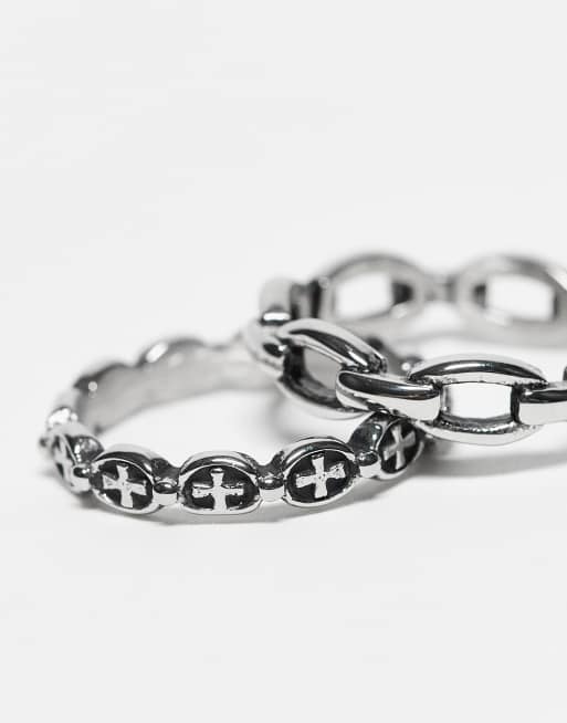 ASOS DESIGN waterproof stainless 2 pack chain and cross ring in burnished silver tone, 2 of 3