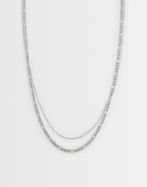 ASOS DESIGN waterproof stainless 2 pack link and figaro chain necklaces in silver - view 1