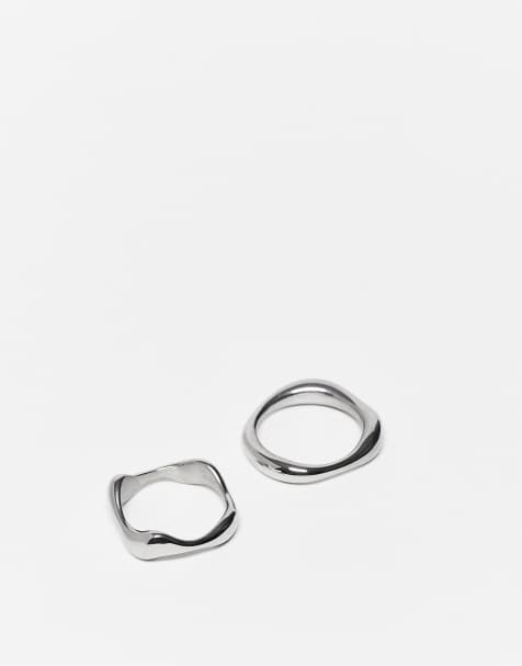 ASOS DESIGN waterproof stainless 2 pack molten band ring in silver tone - view 1