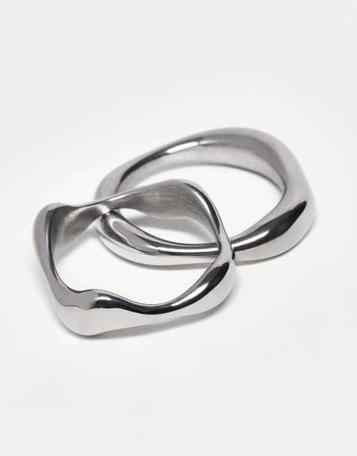 ASOS DESIGN waterproof stainless 2 pack molten band ring in silver  , 3 of 3
