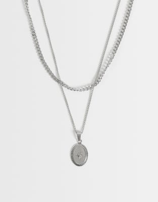 Asos Design Waterproof Stainless 2 Pack Necklace With Star Detail And Pendant Necklace In Silver