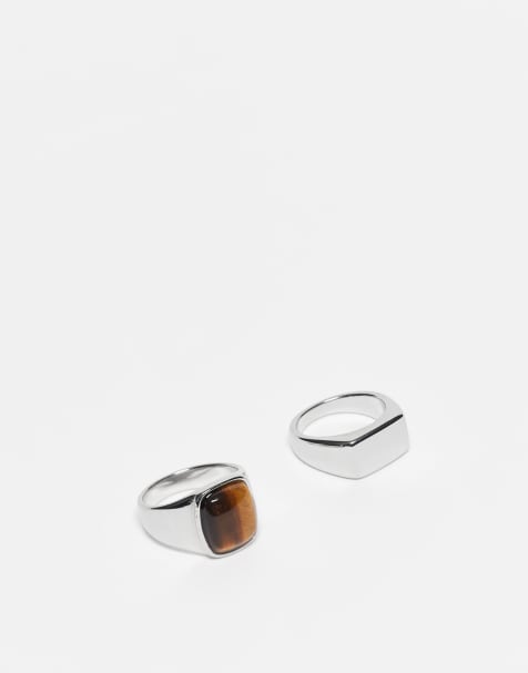 ASOS DESIGN waterproof stainless 2 pack signet rings with tigers eye in silver tone - view 1