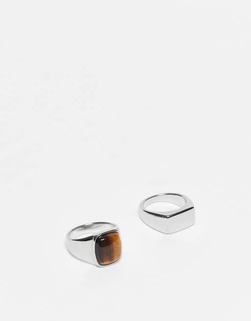 ASOS DESIGN waterproof stainless 2 pack signet rings with tigers eye in silver tone