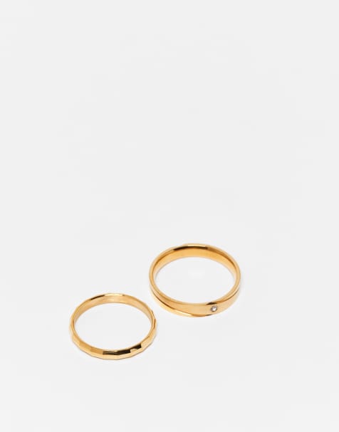 ASOS DESIGN waterproof stainless 2 pack skinny band ring with crystal in gold tone - view 1