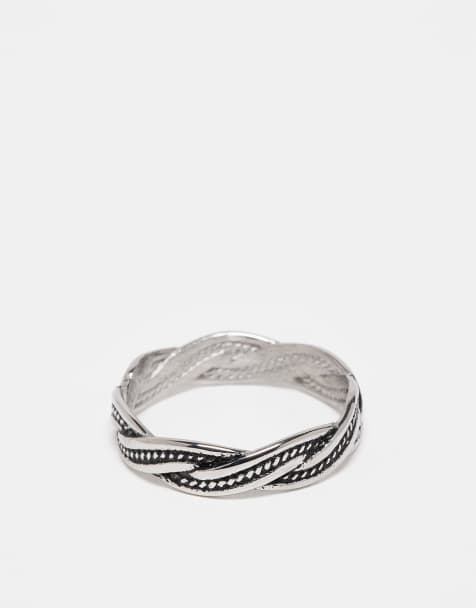 ASOS DESIGN waterproof stainless plaited ring with burnished engraved design in silver tone - view 1