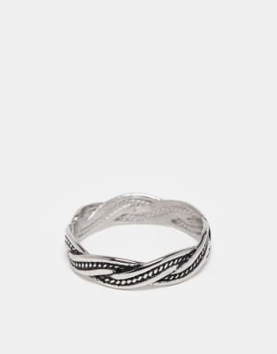 ASOS DESIGN waterproof stainless plaited ring with burnished engraved design in silver