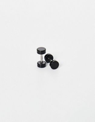 ASOS DESIGN waterproof stainless steel 15mm slim plug earrings in black | ASOS