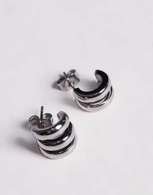 ASOS DESIGN waterproof stainless steel 2 and 3 row hoop earrings in silver tone, 2 of 3