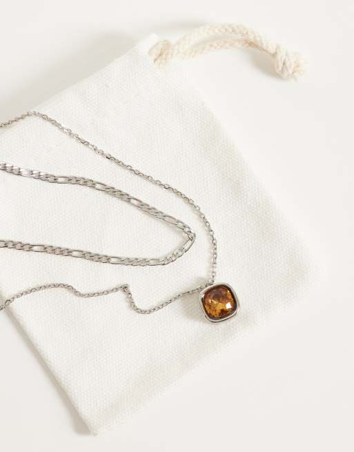 ASOS DESIGN waterproof stainless steel 2 pack amber stone pendant necklace in silver, 4 of 4