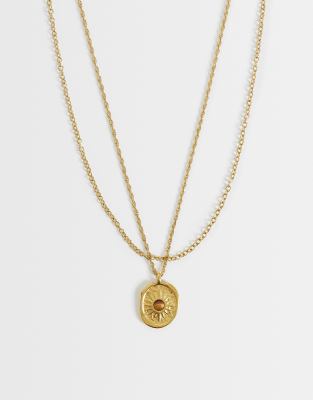 Asos Design Waterproof Stainless Steel 2 Pack Ball Chain Oval Sun Pendant Necklace In Gold