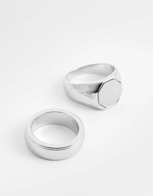ASOS DESIGN waterproof stainless steel 2 pack brushed octagonal top signet ring in silver tone