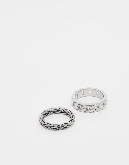 ASOS DESIGN waterproof stainless steel 2 pack chain and plaited band rings in silver tone