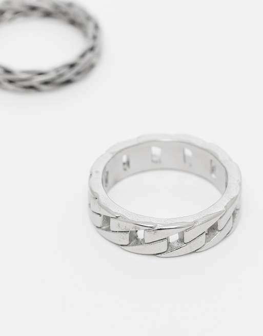 ASOS DESIGN waterproof stainless steel 2 pack chain and plaited band rings in silver  , 3 of 3