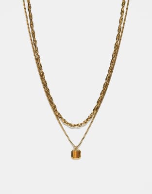 Asos Design Waterproof Stainless Steel 2 Pack Chain Necklace With Square Semi-precious Tigers Eye Pendant In Gold