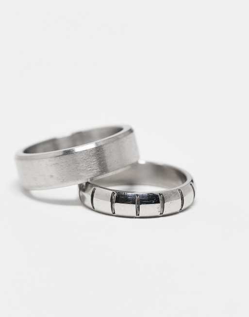 ASOS DESIGN waterproof stainless steel 2 pack engraved and plain band ring set in silver, 2 of 3