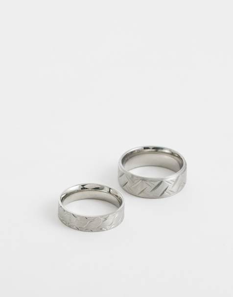 ASOS DESIGN waterproof stainless steel 2 pack etched groove band ring in silver - view 1