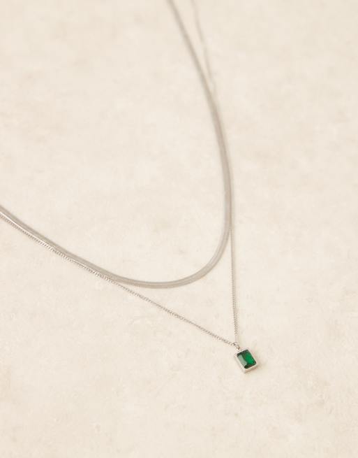 ASOS DESIGN waterproof stainless steel 2 pack faux emerald pendant necklace in silver , 2 of 3