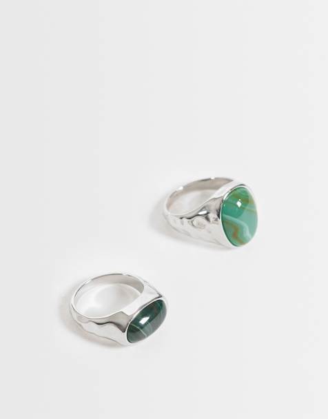 ASOS DESIGN waterproof stainless steel 2 pack faux semi-precious ring in silver - view 1
