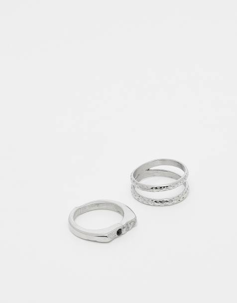 ASOS DESIGN waterproof stainless steel 2 pack hammered detail rings in silver tone - view 1