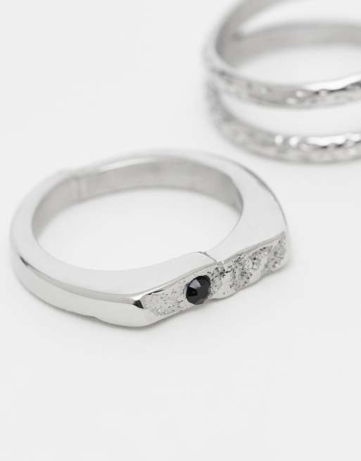 ASOS DESIGN waterproof stainless steel 2 pack hammered detail rings in silver  , 2 of 3