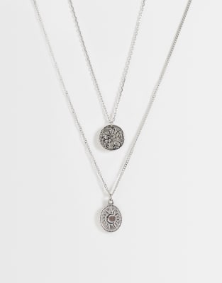 Asos Design Waterproof Stainless Steel 2 Pack Lion And Sun Pendant Necklace In Silver