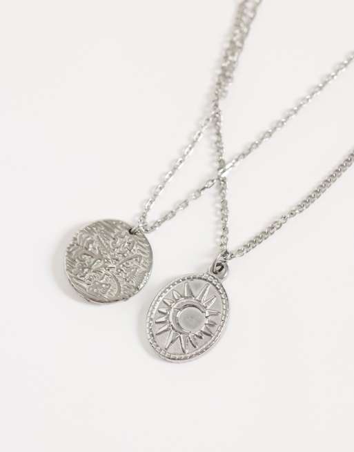 ASOS DESIGN waterproof stainless steel 2 pack lion and sun pendant necklace in silver, 4 of 4