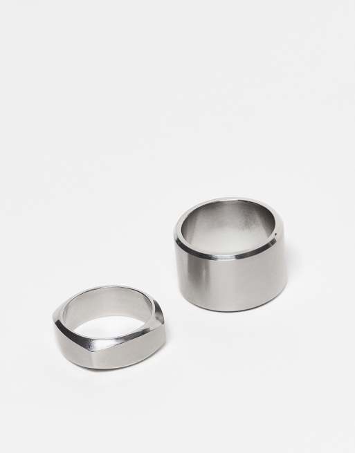 ASOS DESIGN waterproof stainless steel 2 pack mixed band rings in brushed silver tone