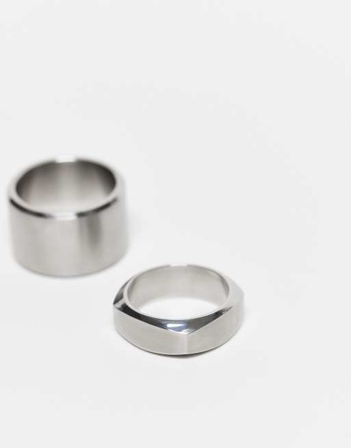 ASOS DESIGN waterproof stainless steel 2 pack mixed band rings in brushed silver  , 3 of 3