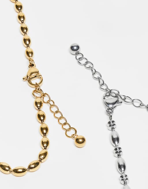 ASOS DESIGN waterproof stainless steel 2 pack puffed ball chain bracelet in silver and gold, 2 of 3