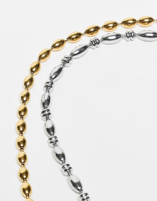 ASOS DESIGN waterproof stainless steel 2 pack puffed ball chain bracelet in silver and gold, 3 of 3