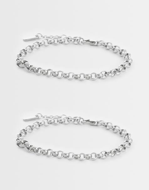 ASOS DESIGN waterproof stainless steel 2 pack round link and rope chain bracelet in silver - view 1