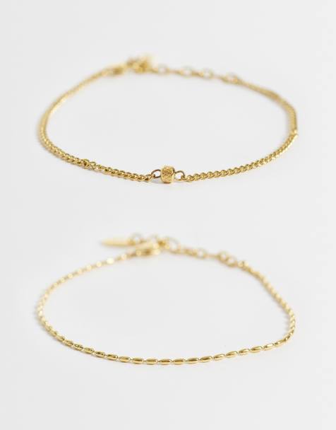 ASOS DESIGN waterproof stainless steel 2 pack skinny rounded bead link and curb chain bracelet in gold - view 1