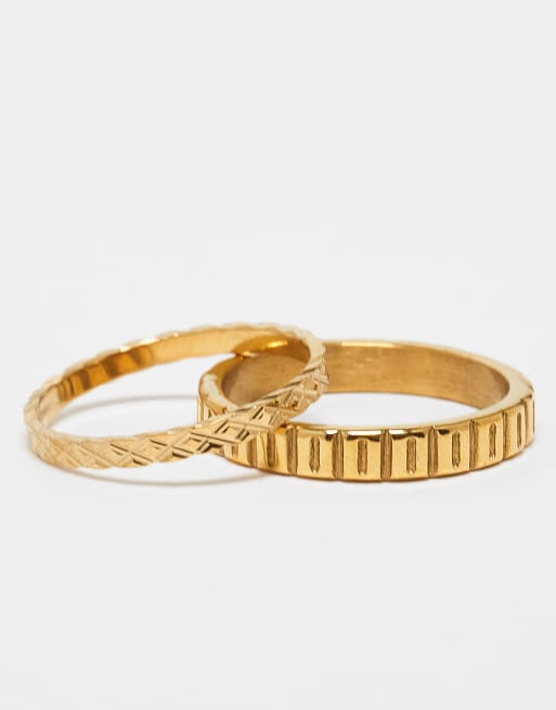 ASOS DESIGN waterproof stainless steel 2 pack slim engraved ring set in gold, 2 of 3