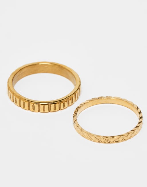 ASOS DESIGN waterproof stainless steel 2 pack slim engraved ring set in gold, 3 of 3