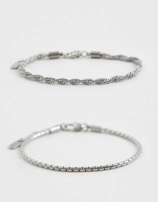Asos Design Waterproof Stainless Steel 2 Pack Twisted Rope And Box Chain Bracelet In Silver