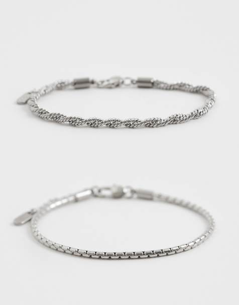 ASOS DESIGN waterproof stainless steel 2 pack twisted rope and box chain bracelet in silver - view 1