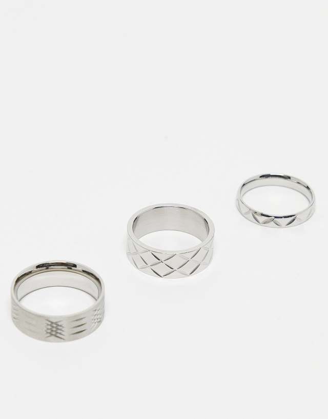 ASOS DESIGN waterproof stainless steel 3 pack band ring set with engraving in silver tone