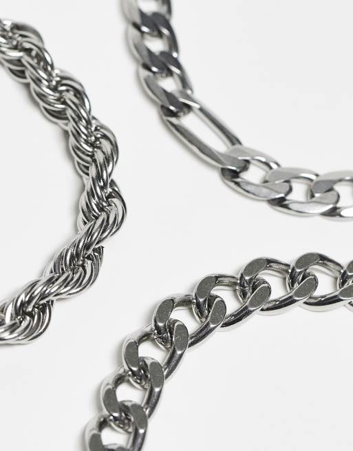 ASOS DESIGN waterproof stainless steel 3 pack chain bracelet set in silver tone