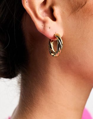 ASOS DESIGN waterproof stainless steel 35mm hoop earrings with twist design in gold tone